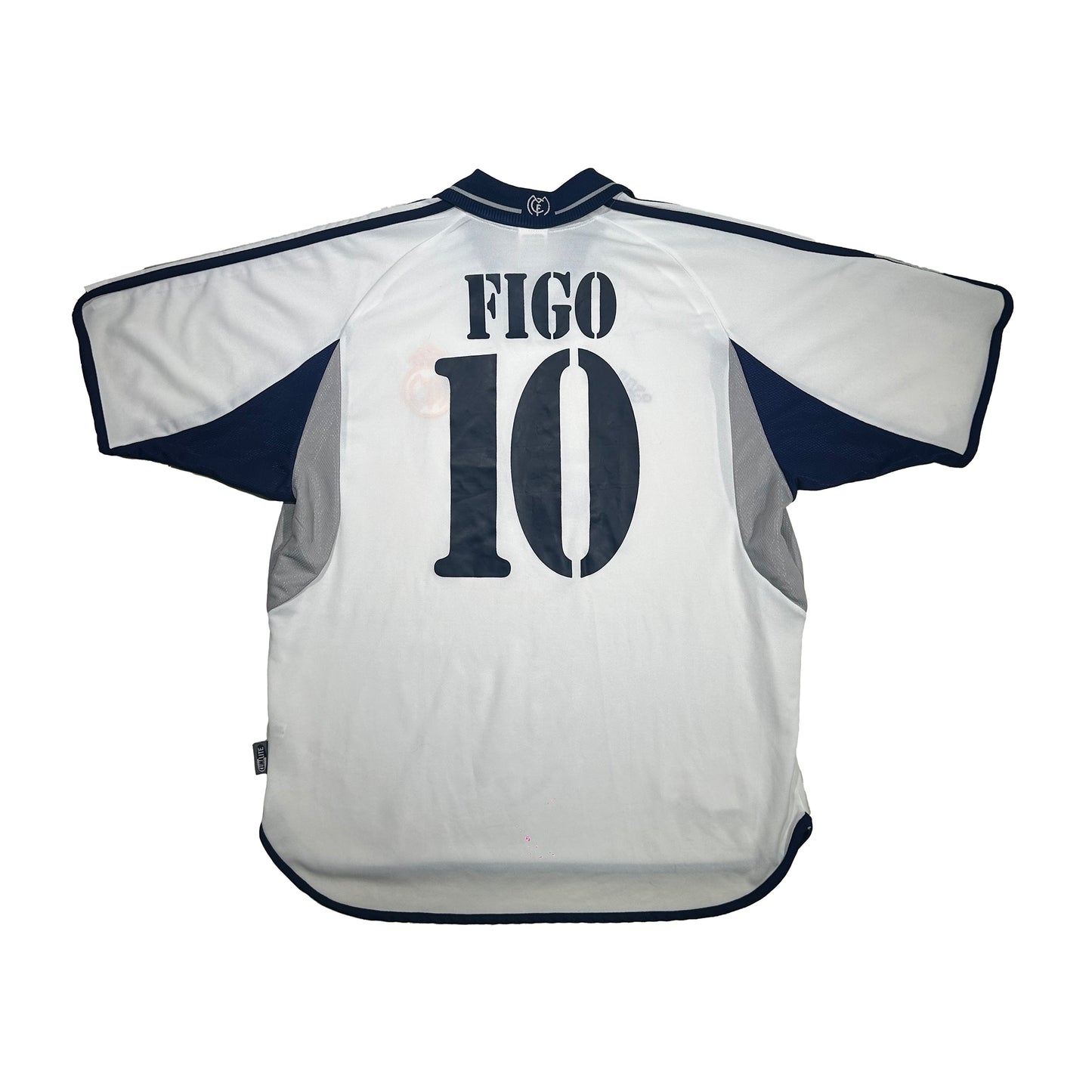 Camiseta de fútbol Adidas Real Madrid CF temporada 2000-2001 home kit dorsal 10 y firmada por Luis Figo - L