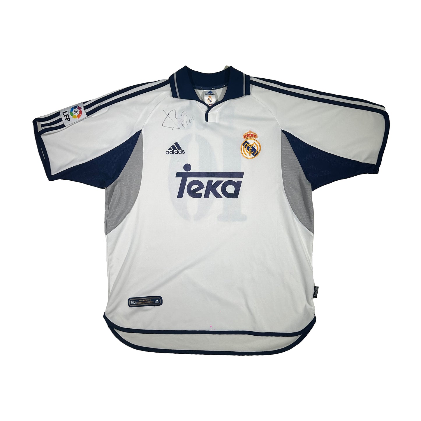 Camiseta de fútbol Adidas Real Madrid CF temporada 2000-2001 home kit dorsal 10 y firmada por Luis Figo - L